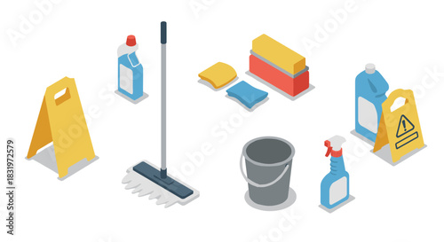 Isometric cleaning supplies arrangement with mop, bucket, and warning signs