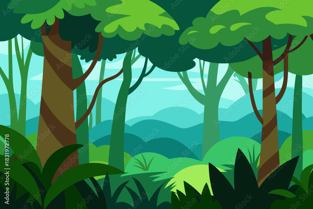 Fototapeta premium Lush dense jungle canopy scene simple vector illustration