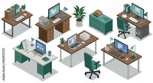 Modern office furniture and technology set in isometric style