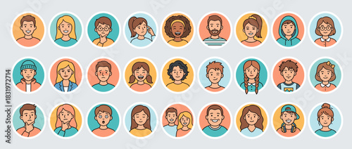Avatar and expressions icon set. containing happy, sad, surprised, laughing, thinking, confused, tired, angry, smiling. Vector collection