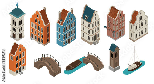 Charming isometric european buildings with canal boat and bridges