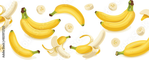 Seamless Banana Pattern with Whole, Peeled and Sliced Bananas Colorful Flat Vector Background Illustration