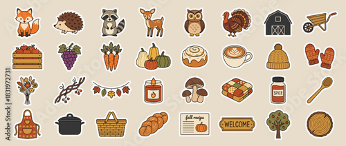 Autumn and harvest icon set. featuring fox, hedgehog, raccoon, deer, owl, turkey, barn, wheelbarrow, and more. Vector collection