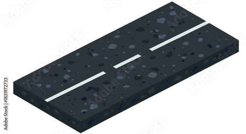 Isometric asphalt road segment with white center line on speckled surface