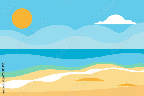 Bright sunny beach with soft waves simple vector illustration