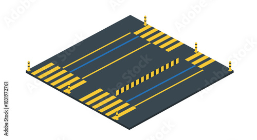 Isometric urban crosswalk design with road markings and safety barriers