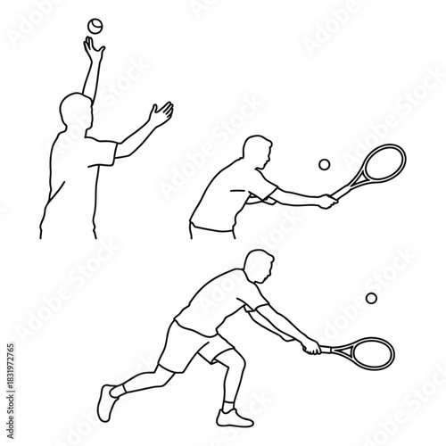 Tennis player illustration showing three key actions: serving the ball, returning a shot, and a forehand swing. isolated on white.