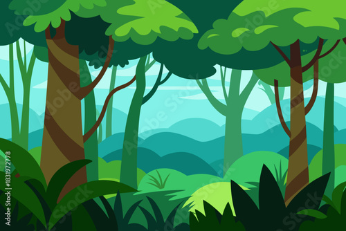 Lush dense jungle canopy scene simple vector illustration