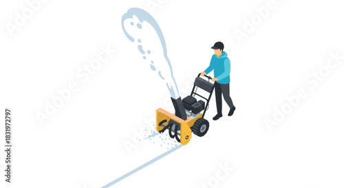 Isometric snow blower illustration with person clearing snow in winter