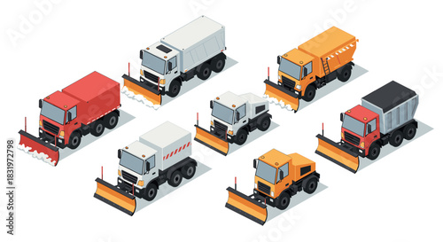Isometric snow plow trucks collection: essential winter maintenance vehicles