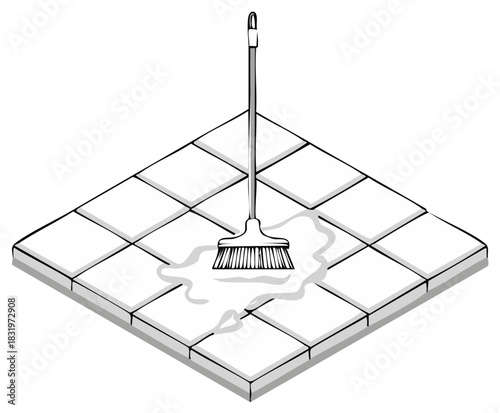 Broom cleaning a wet tiled floor in a simple line art illustration