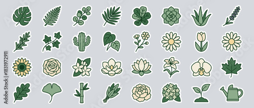 Nature and botanical icon set. containing leaf, plant, flower, cactus, lotus, orchid, and more. Vector collection