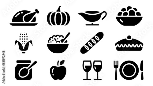 Thanksgiving holiday meal icons set with turkey, pumpkin, pie, gravy, corn, bread, plate, wine glasses, jam, apple, and bowl of food.
