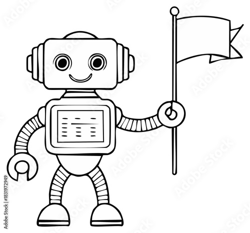 A friendly cartoon robot character holding a blank flag, black and white line art for a coloring book
