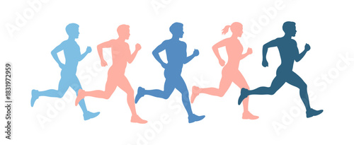 Diverse group of runners, men and women, in motion, representing fitness and athletic activity in a stylized graphic illustration on white background