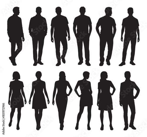 Diverse group of adult male and female silhouettes in casual and business attire standing and walking, isolated on a plain background. 134 characters.