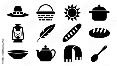 Collection of thanksgiving and autumn harvest icons including a pilgrim hat, basket, sun, pot, lantern, feather, bread, bowl, teapot, scarf, and spoon.