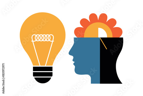 Illustration of lightbulb and head with flower gear on a white background