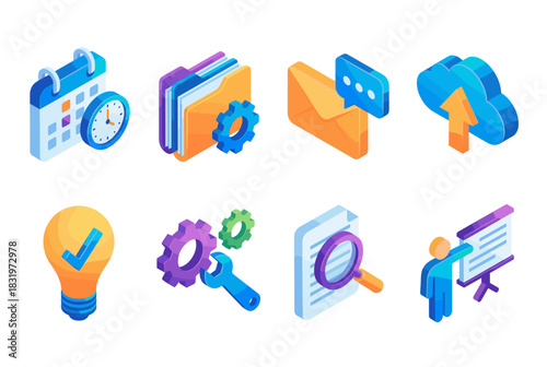 Business and productivity icon set. containing calendar, folder, email, cloud, lightbulb, gear, document, presentation. Vector collection