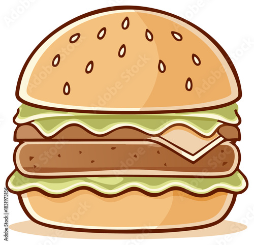 Cartoon Double Cheeseburger With Sesame Seed Bun And Lettuce