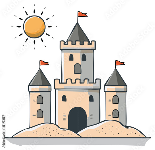 Cartoon castle illustration with sun and sand pile elements
