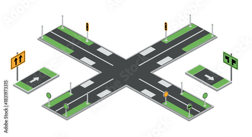 Isometric urban intersection with traffic lights and road signs