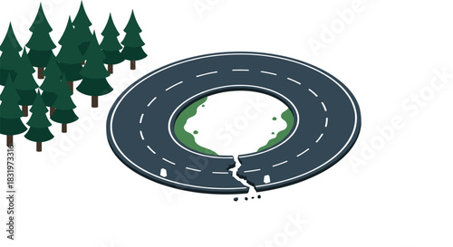 Circular road with crack next to forest area: modern isometric design
