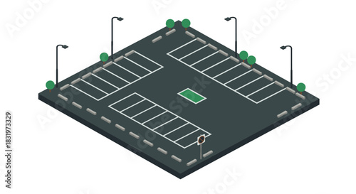 Isometric urban parking lot design with street lamps and lined spaces