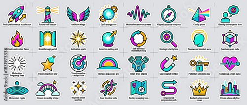 Performance and innovation icon set. containing energy, wings, compass, clarity, expansion, potential, progression and more. Vector collection