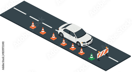 Isometric car on road with traffic cones and barrier