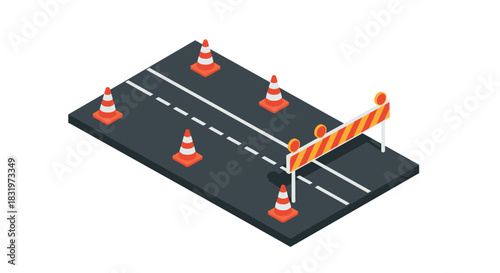 Isometric road barricade scene with traffic cones and construction barrier