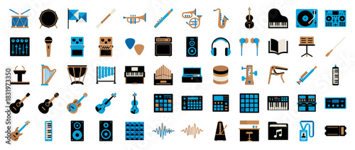 Music icon set. including guitar, piano, drum, microphone, saxophone, headphones, speaker, violin, trumpet, and more. Vector collection