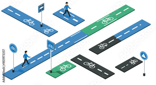 Isometric urban pathways with bicycle lanes and sidewalks