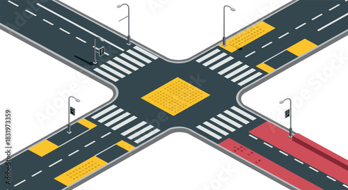 Isometric city intersection with crosswalks and bicycle lane