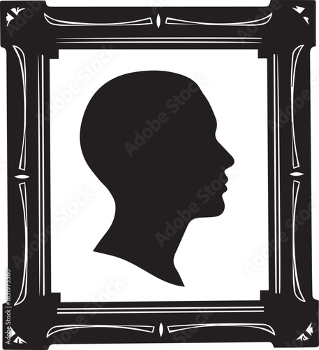Black silhouette profile of a person in an ornate frame