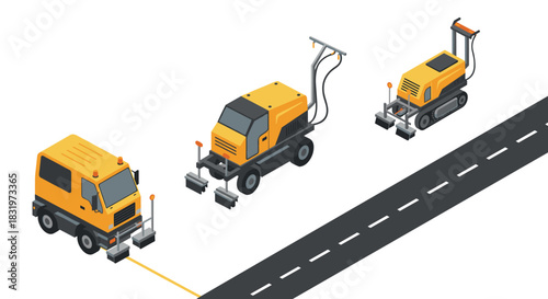 Road construction machines isometric equipment on asphalt background