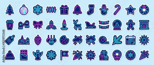 Holiday and winter icon set. containing tree, ornament, wreath, gift, stocking, snowman, candy cane, star, donut and more. Vector collection