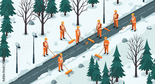 Workers clearing snow on winter path in nature park with pine trees