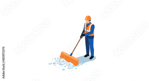 Isometric construction worker in safety gear sweeping debris