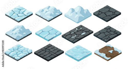 Isometric frozen and rocky ground textures for game design and animation