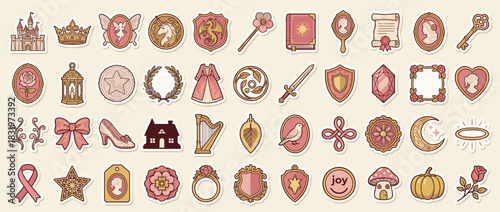 Fairy tale icon set. containing castle, crown, unicorn, dragon, book, shield, sword, key, mirror, wand and more. Vector collection