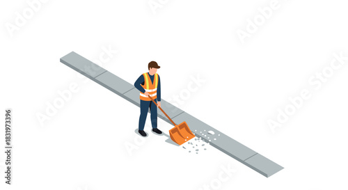 Road worker in uniform cleaning sidewalk with a shovel