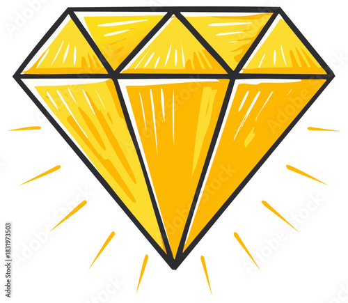 Hand-drawn sketch of a glittering yellow diamond with black outlines.