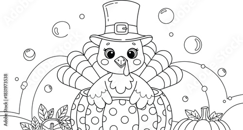 Outline illustration of a cartoon turkey wearing a pilgrim hat with pumpkins and bubbles