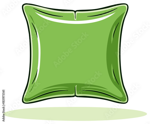 Cartoon style green pillow illustration with a shadow and a white background.