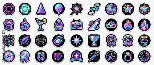 Party and celebration icon set. containing disco ball, confetti, mask, cocktail, fireworks, gift, and more. Vector collection