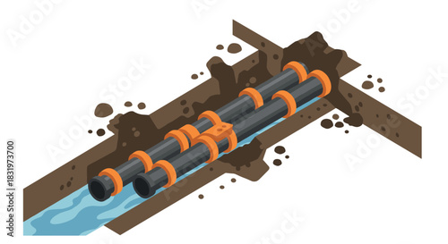 Isometric illustration of underground water pipes in trench construction scene