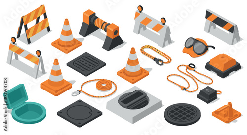 Isometric construction barrier and safety equipment icons set
