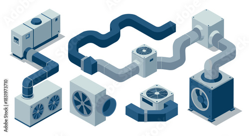 Isometric hvac system elements with ducts and ventilation units