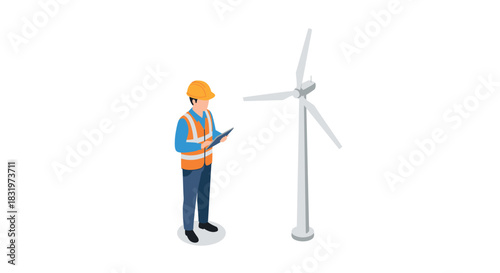 Isometric worker inspecting wind turbine for sustainable energy project